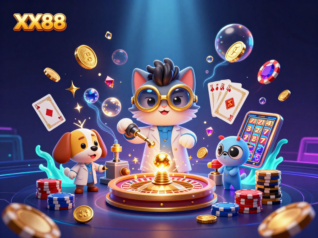 Join the excitement of XX88 with mad scientist cat and assistant in a lively casino scene!
