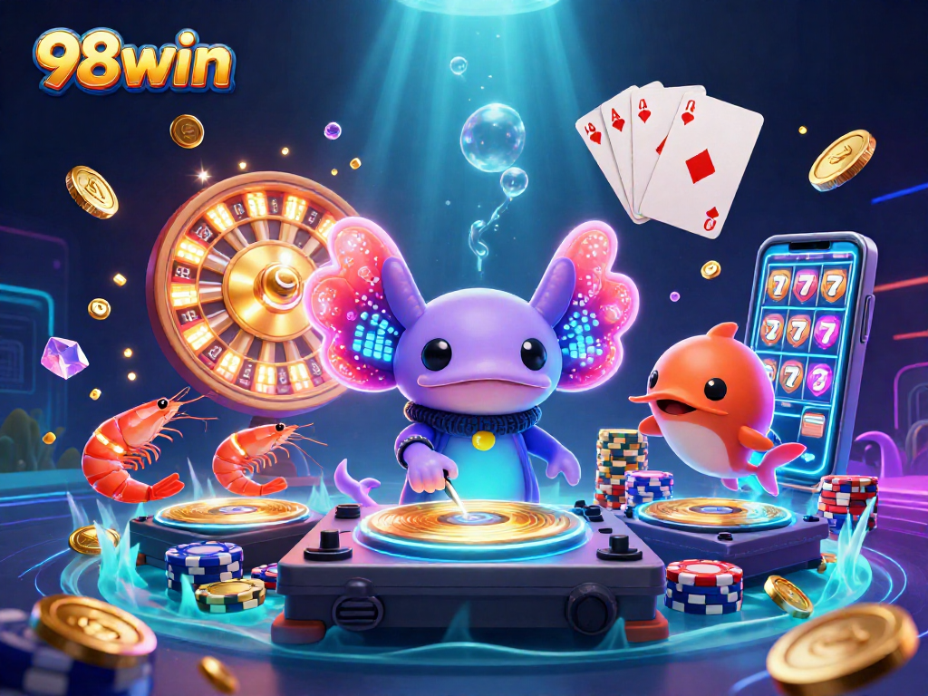 Experience vibrant casino excitement with 98win's underwater party featuring neon characters and shimmering games.
