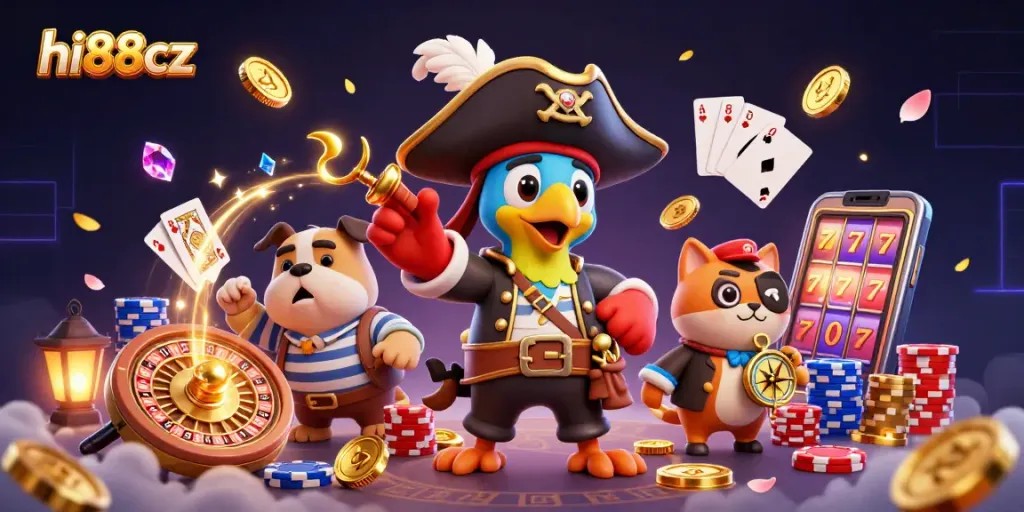 Engage with the thrilling world of hi88cz through vibrant 3D casino art featuring lively characters.