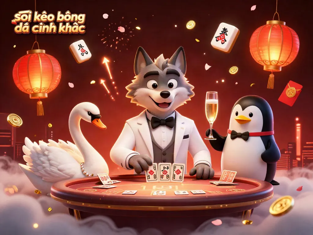 Experience the thrill of soi kèo bóng đá chính xác with a vibrant 3D casino scene featuring a charismatic wolf, elegant swan, and sophisticated penguin celebrating with games and ambiance.