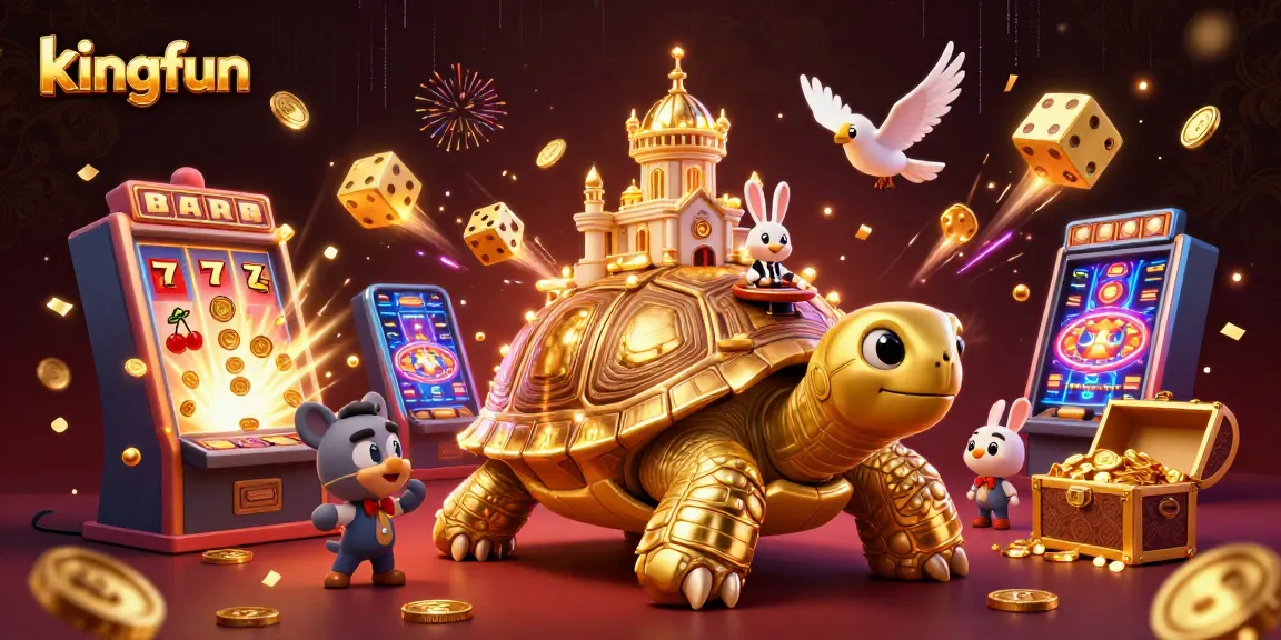 Experience thrilling gameplay at kingfun with a vibrant 3D casino scene featuring a turtle and a rabbit dealer.