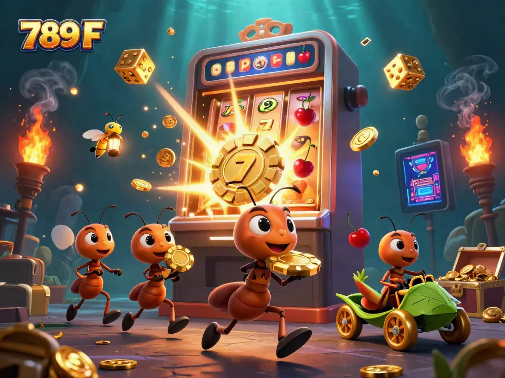 Engaging 3D illustration showcasing the excitement of 789 F's casino games with ants heisting a giant poker chip.