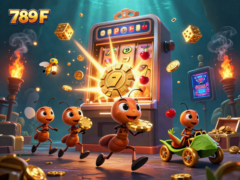 Engaging 3D illustration showcasing the excitement of 789 F's casino games with ants heisting a giant poker chip.