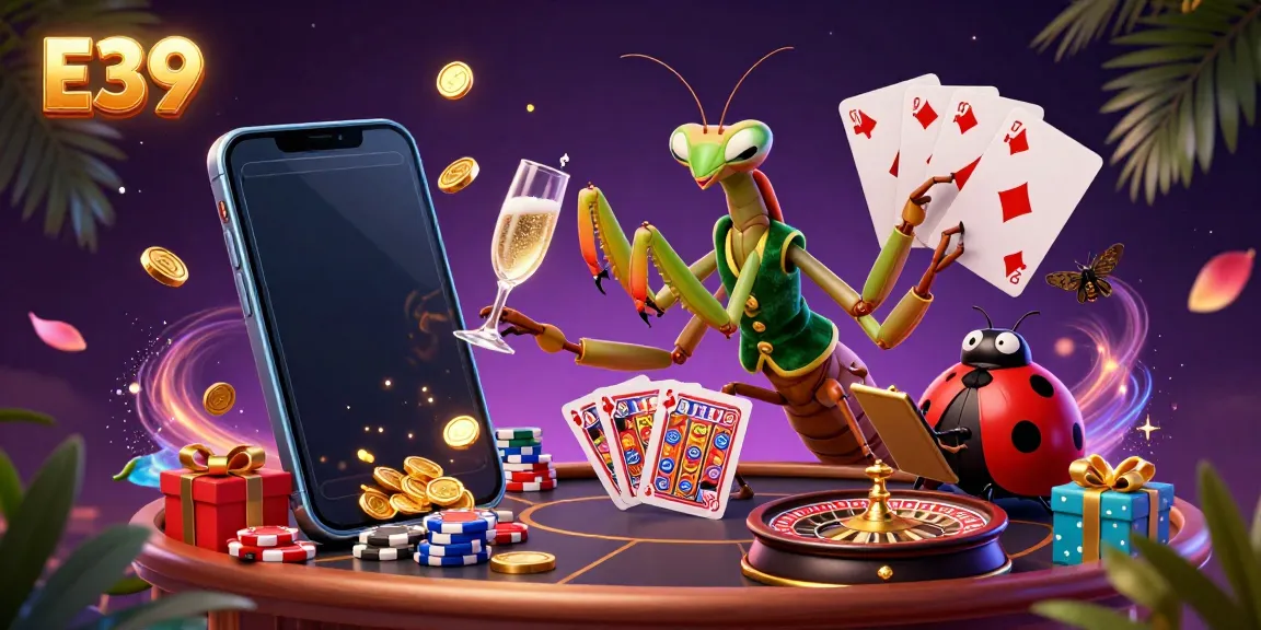 E39 players enjoy exciting slots with vibrant characters and casino elements in a lively digital illustration.