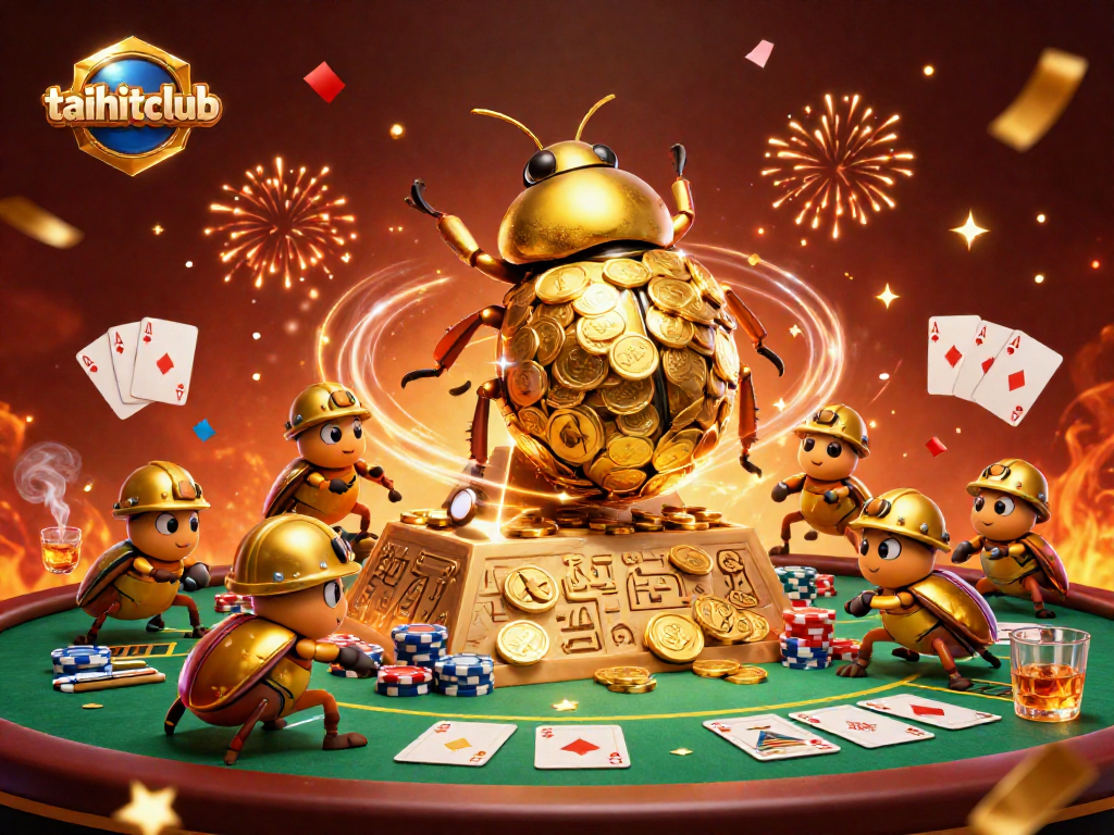 Engage with exciting games at taihitclub, featuring a golden dung beetle rolling a coin ball amidst colorful casino elements.