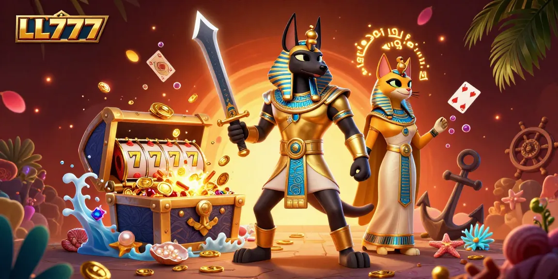 LL777 engages players with immersive slots featuring Anubis and Bastet in a vibrant gaming scene.