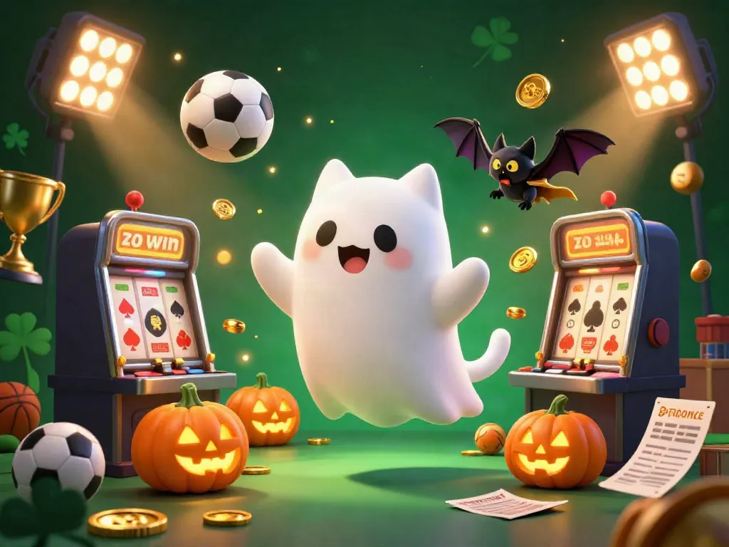 Experience thrilling gaming action with zo win in this vibrant haunted casino scene featuring a ghost cat and a trophy.