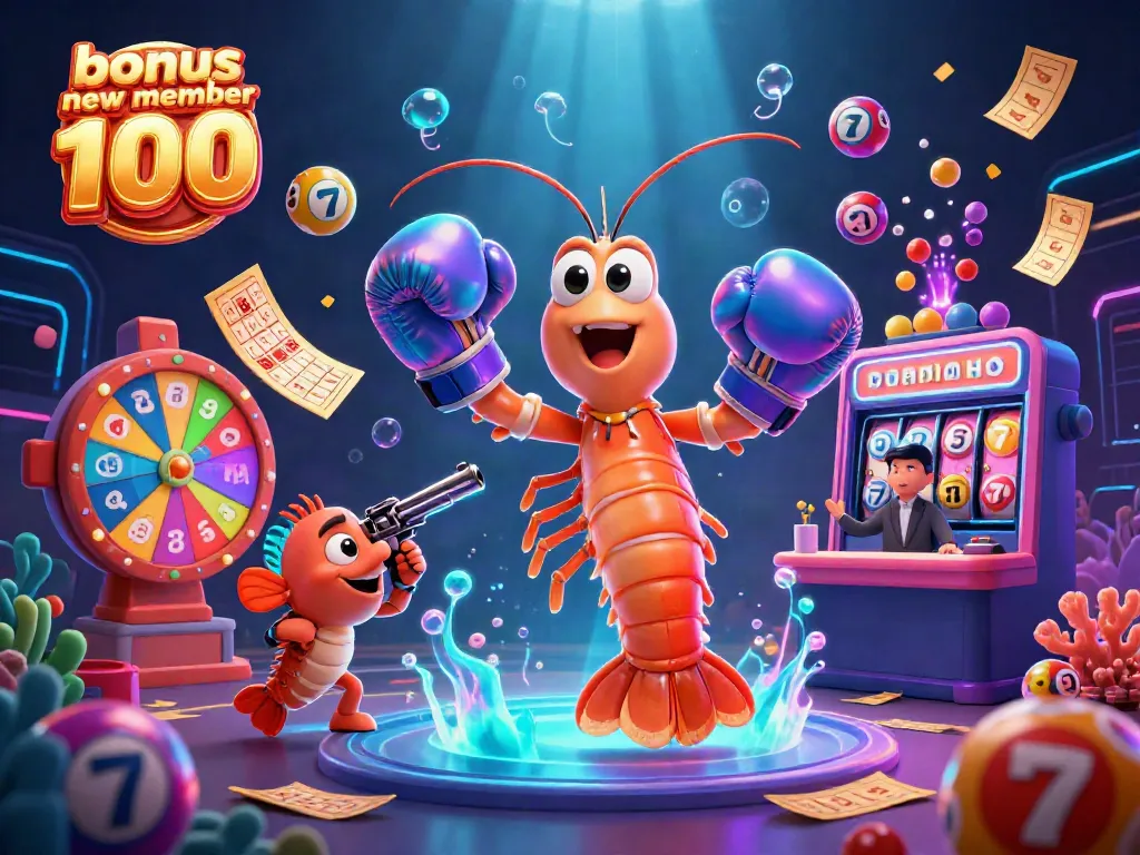 Engage with the exciting bonus new member 100 casino scene featuring animated marine characters surrounded by vibrant lottery elements.