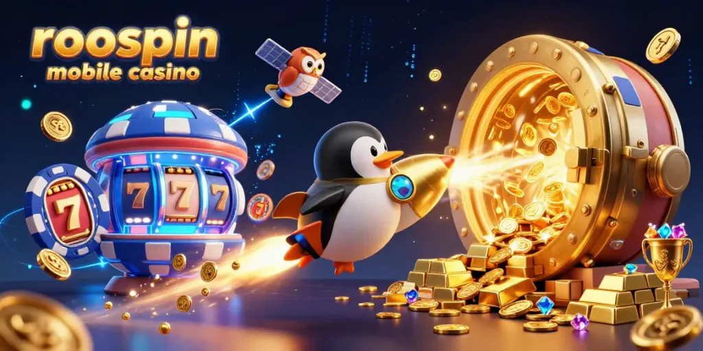Experience the excitement of roospin mobile casino with a vibrant 3D scene featuring a golden penguin and casino elements.