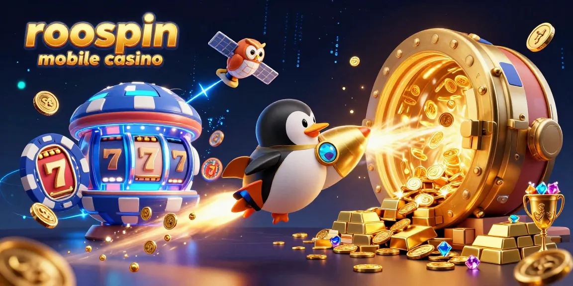 Experience the excitement of roospin mobile casino with a vibrant 3D scene featuring a golden penguin and casino elements.