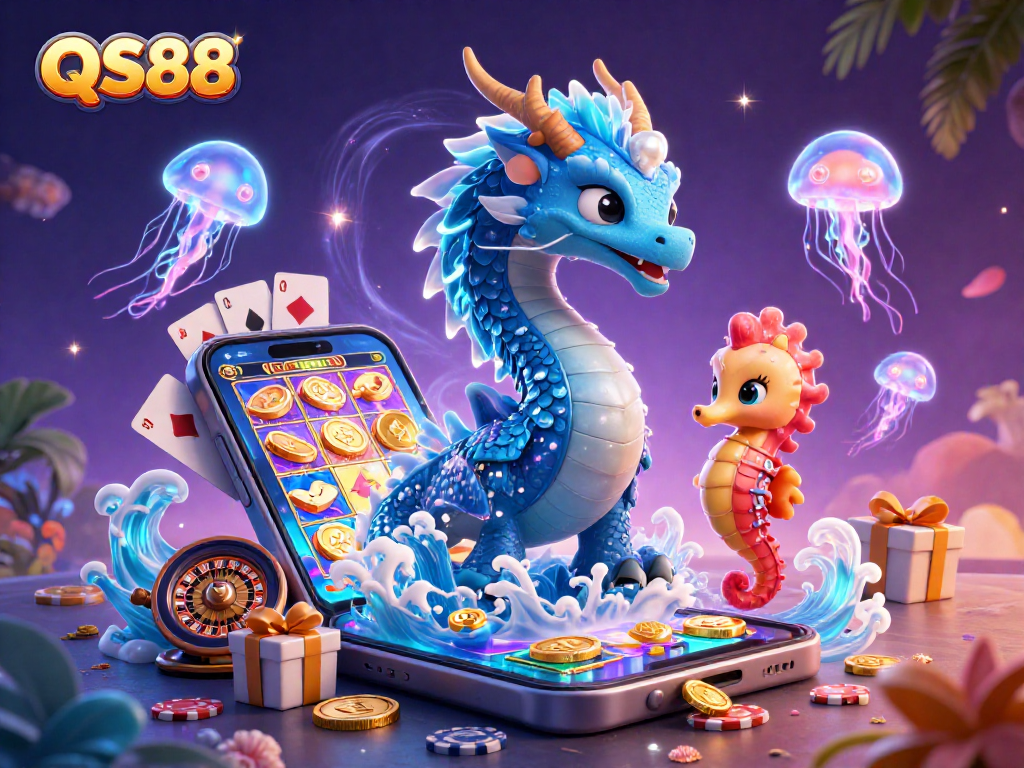 Engage with QS88's gaming adventure featuring an azure dragon, seahorse knight, and animated slot machine.