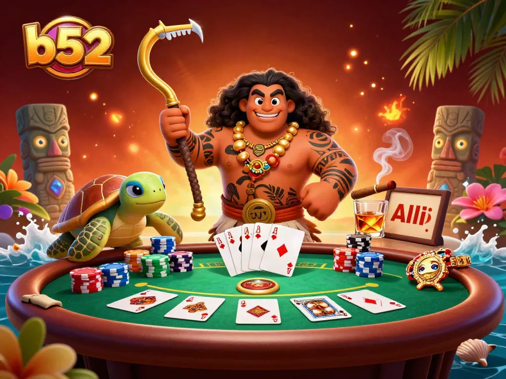 Engage in b52 poker action with a dynamic scene featuring vibrant casino elements and colorful characters.