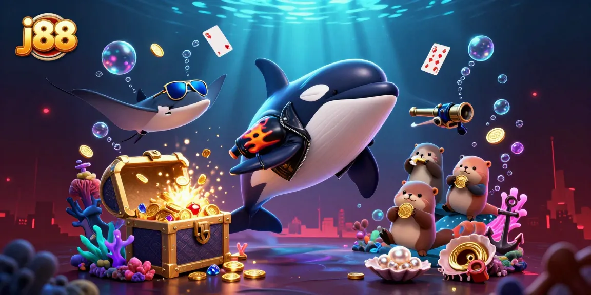 Experience thrilling gaming adventures with j88 in a vibrant underwater scene featuring playful sea creatures.