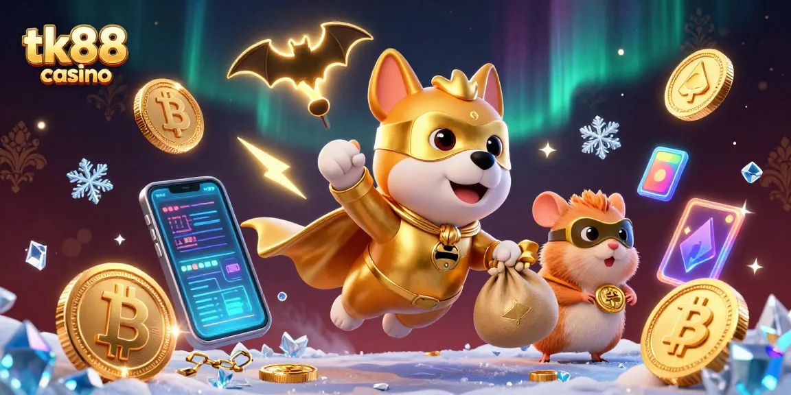Enjoy the thrills at tk88 casino featuring a superhero dog and hamster flying among digital coins and casino symbols.
