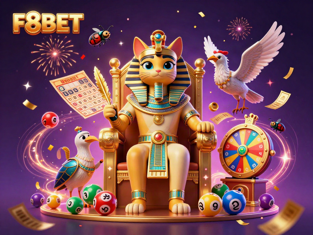 Experience the excitement of F8BET with a vibrant 3D illustration of Pharaoh cat and lottery elements.
