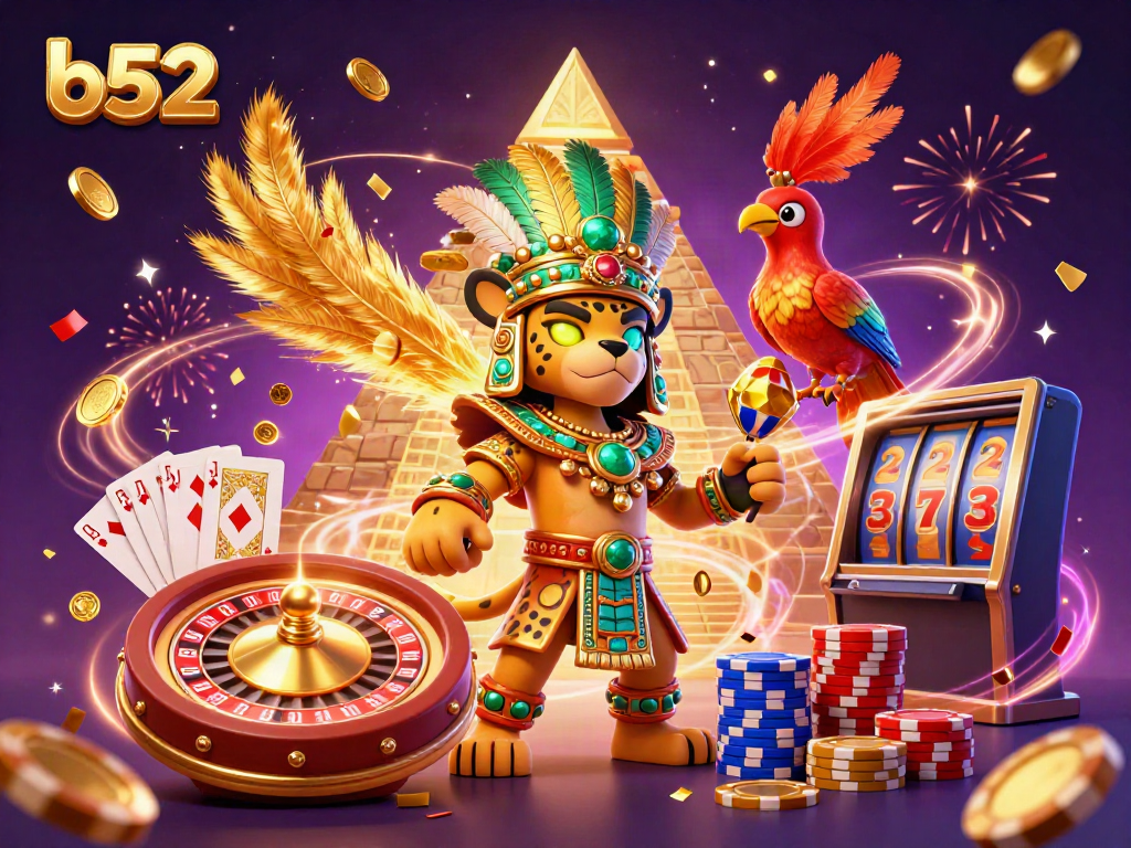 Engage with b52's thrilling adventure featuring vibrant casino elements and joyous 3D characters.