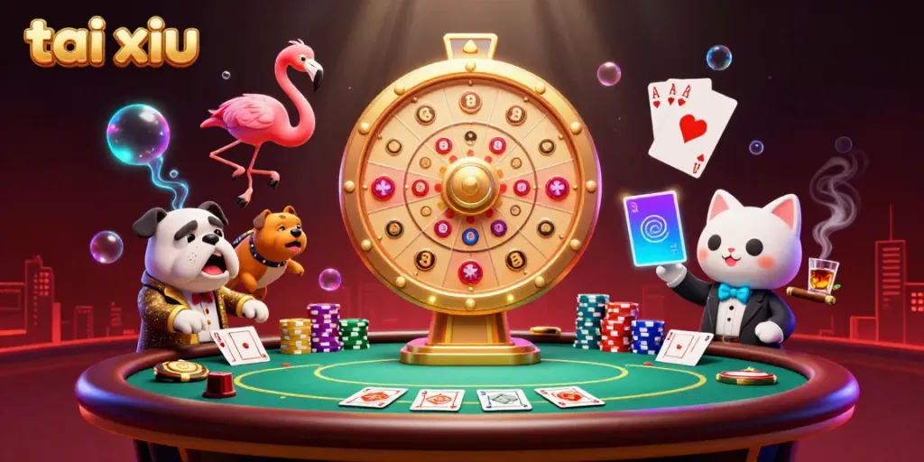 Excited participants celebrate and win in a thrilling tai xiu casino scene with vibrant colors.