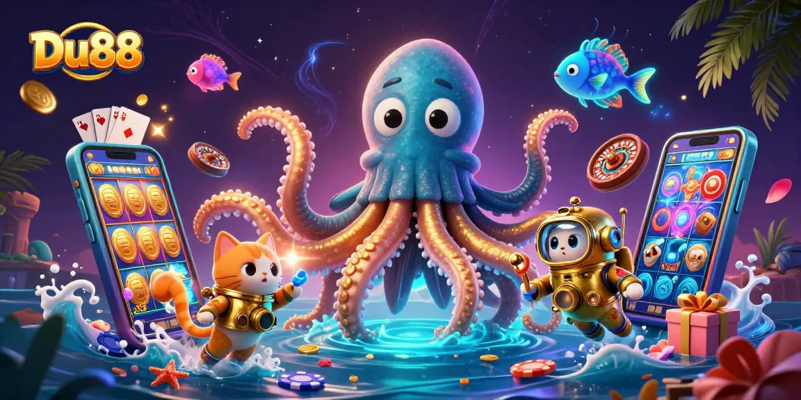 Experience thrilling gameplay with Du88, featuring a kraken and diving cat enjoying vibrant casino elements.