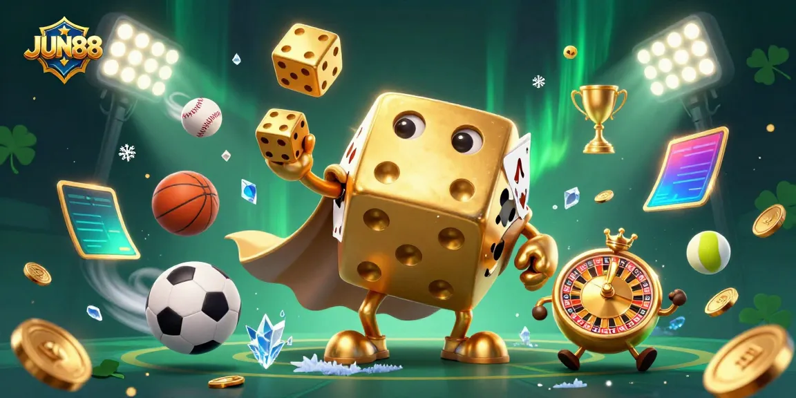 Experience the excitement of JUN88 with a dynamic 3D illustration featuring a golden dice golem and sports elements.