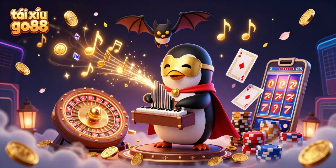 Tài xỉu go88 gameplay with a cartoon penguin character surrounded by casino elements like coins and roulette.