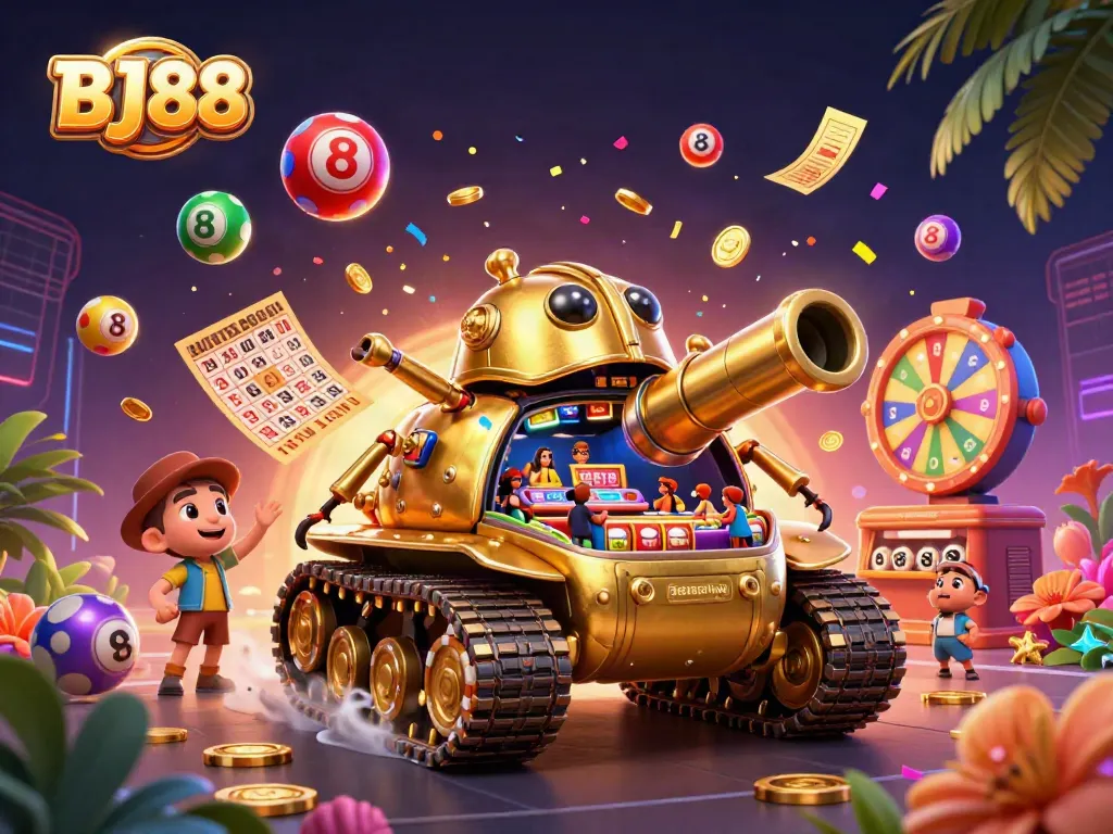 Bettors enjoying the vibrant BJ88 casino scene with a golden beetle tank and dynamic game elements.