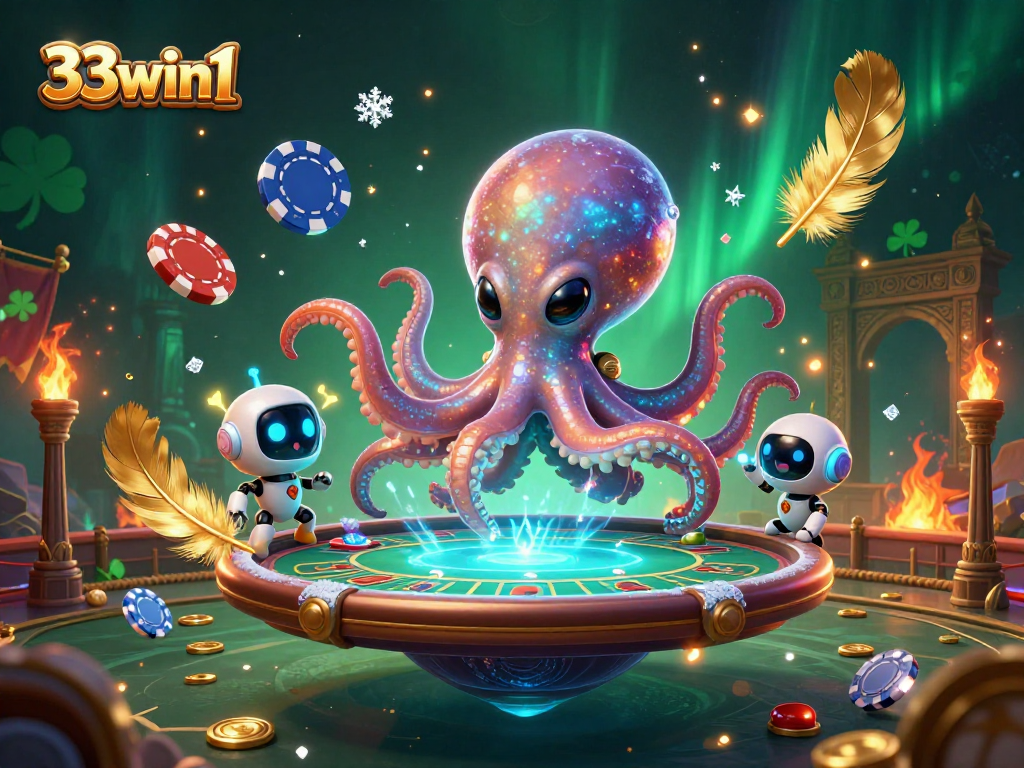 Experience thrilling gameplay with 33win1 at a holographic poker table featuring a cartoon alien octopus.