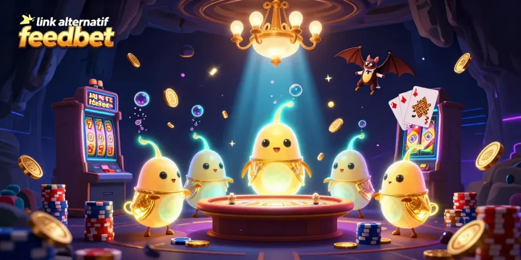 Experience vibrant gameplay with link alternatif feedbet, featuring animated glowworms in a lively casino setting.