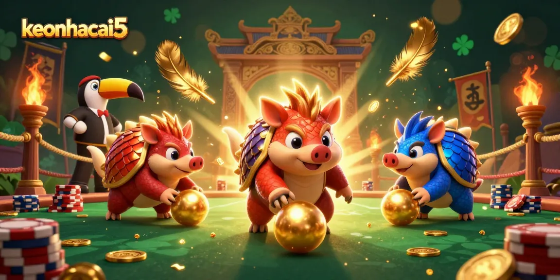 Experience thrilling action with keonhacai5 as rival pangolins battle amidst poker chips.