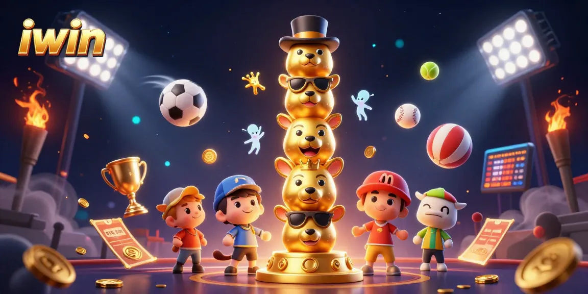 Engage with iwin's vibrant casino-themed illustration featuring dynamic sports elements and a golden totem pole.