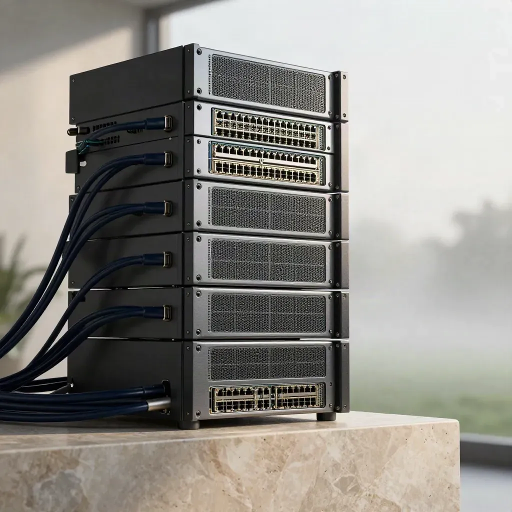 Brushed aluminium server blades and cables rising on stone in soft dawn mist.
