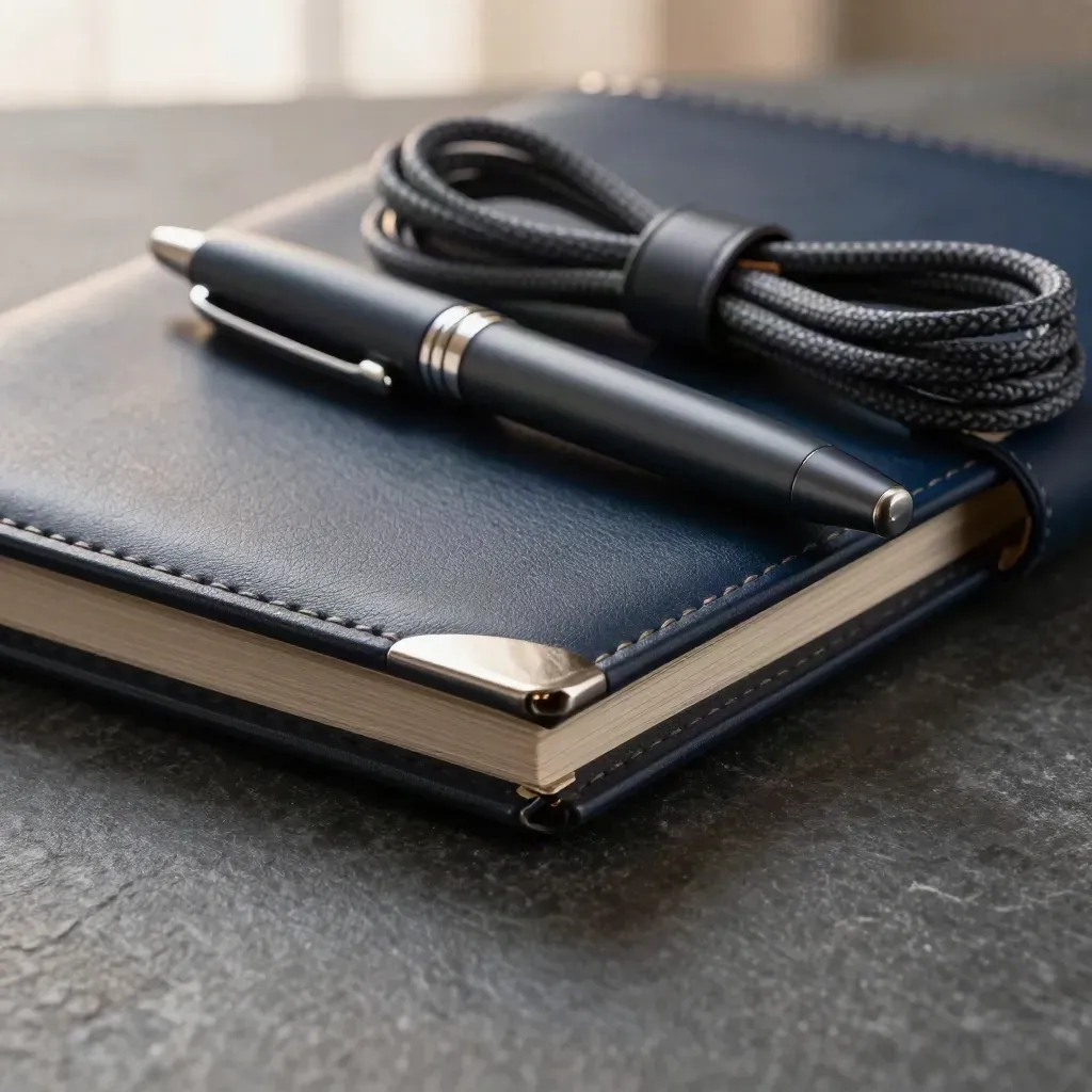 Macro of a navy folio, anodized pen, and coiled braided cable on dark stone.