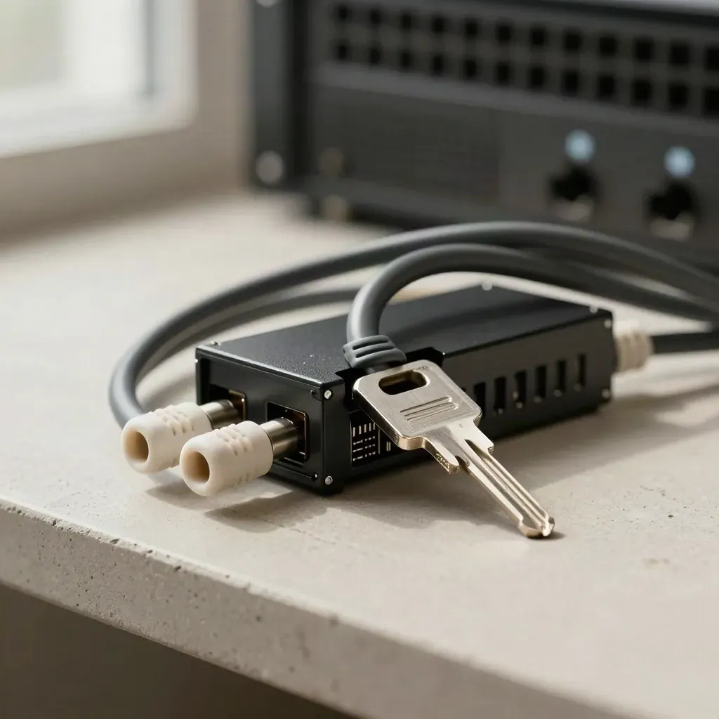 Patch cables, relay module and server key blank on pale clay concrete under soft side light.