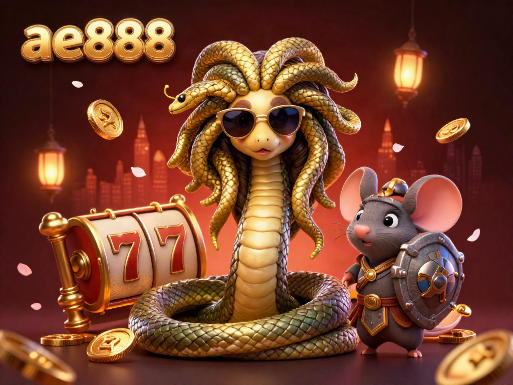 Engage with ae888 in this vibrant 3D casino scene highlighting slot reels and Medusa's charm.