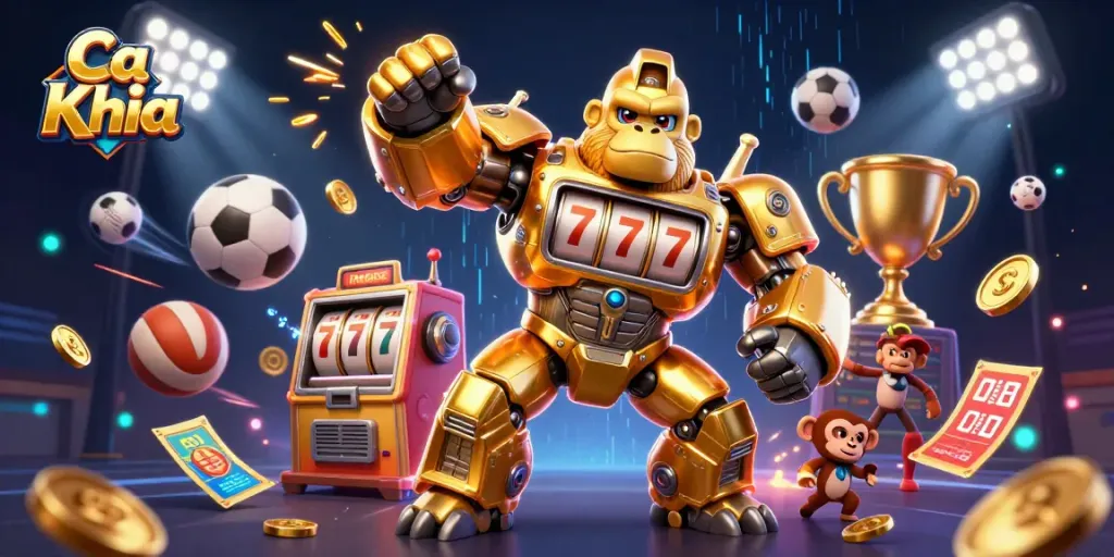 Experience thrilling wins with Ca Khia's golden gorilla mech and dynamic sports elements in this exciting gambling scene.