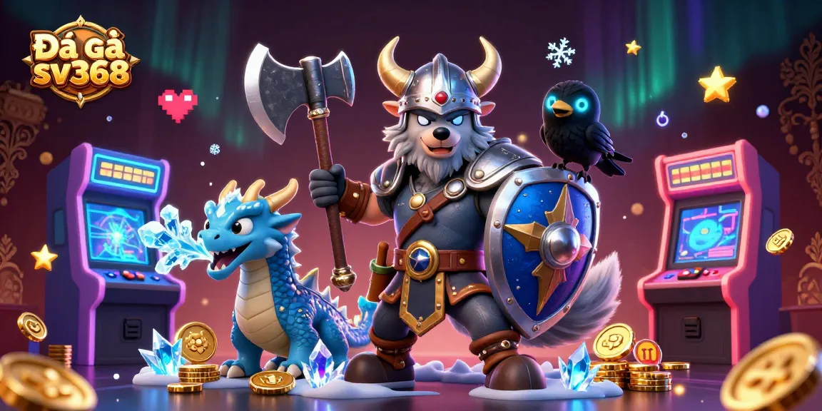 Engage in Đá gà sv368 action with a vibrant 3D illustration of a Viking warrior and dragon amidst a dynamic gaming scene.