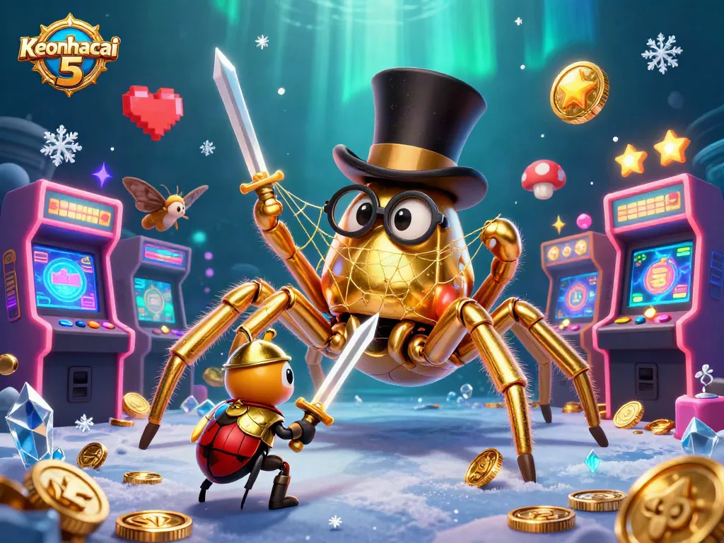 Engage with Keonhacai 5 through this vibrant 3D illustration of a golden tarantula and beetle knight in a casino setting.