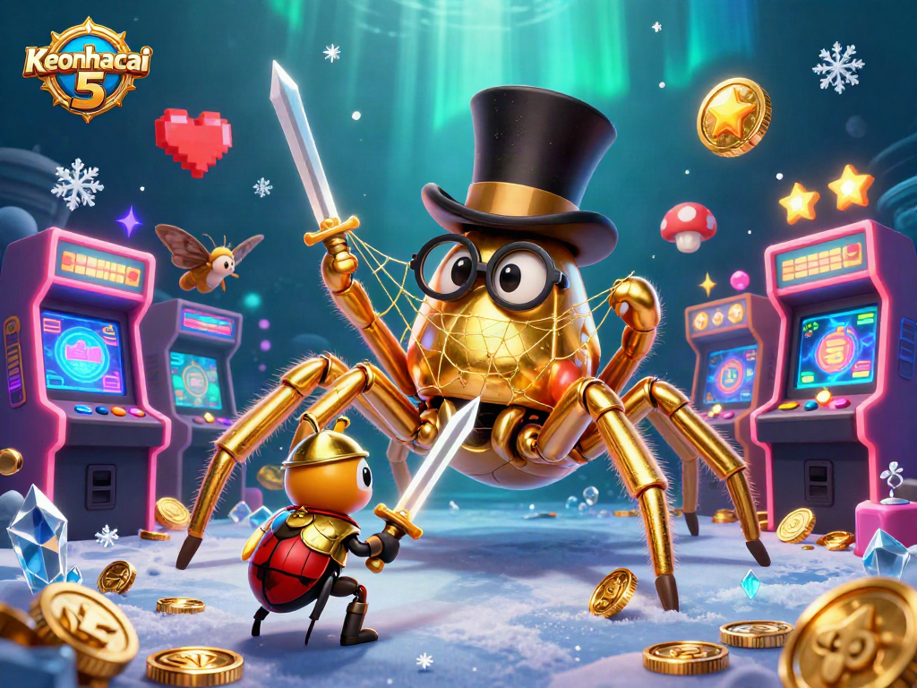 Engage with Keonhacai 5 through this vibrant 3D illustration of a golden tarantula and beetle knight in a casino setting.