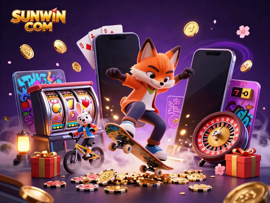 Skateboarder fox and BMX rabbit showcase gambling fun in SUNWIN COM themed digital illustration.