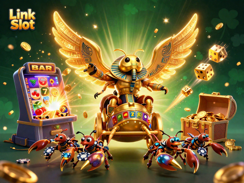 Spin slots with Link Slot's colossal golden scarab beetle and jackpot explosions.