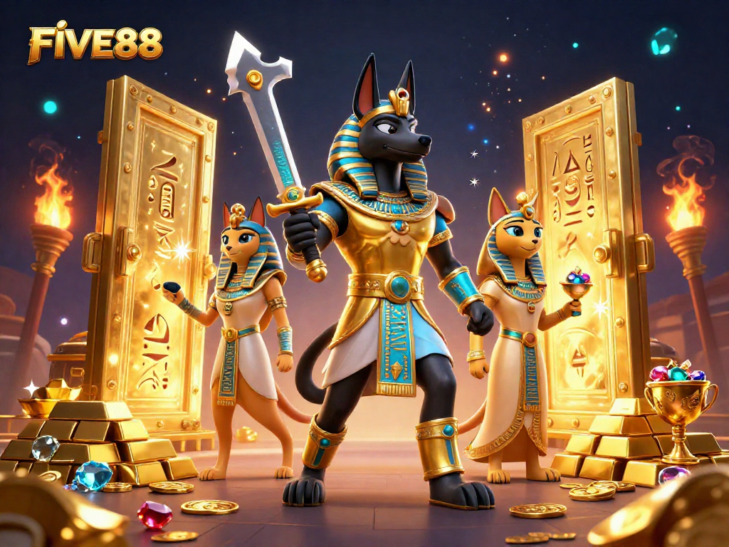 Join the excitement at FIVE88 with Anubis and Bastet in a jewel-filled casino realm!