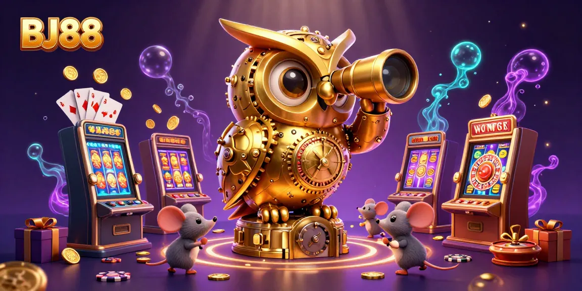 BJ88 casino scene showcasing a golden owl and charming mouse patrons amidst vibrant slot machines and game elements.