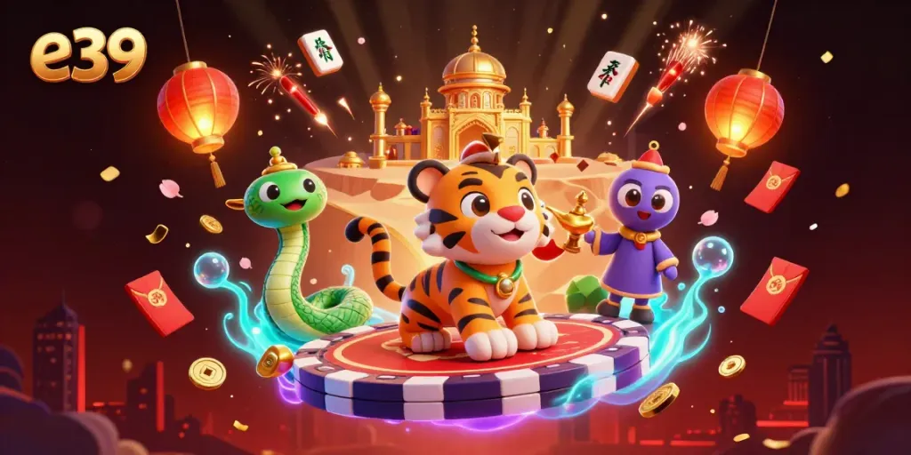Join the thrilling action at e39 with a dazzling casino scene featuring a tiger sultan and vibrant game elements.