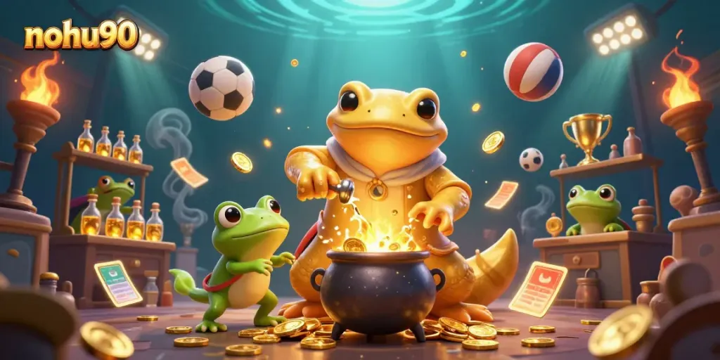 Engage with nohu90 betting with a lively 3D scene of a golden salamander alchemist and sports elements.