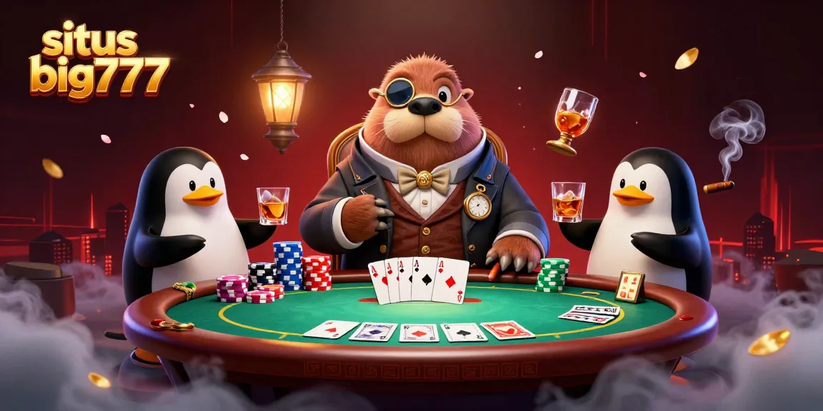 Engage with situs big777 in a vibrant gambling scene featuring a walrus at a poker table.