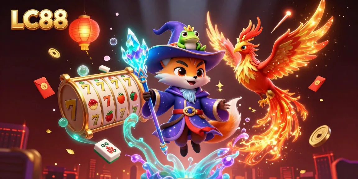 Engage with LC88's exhilarating casino experience featuring a wizard, phoenix, and vibrant gameplay elements.