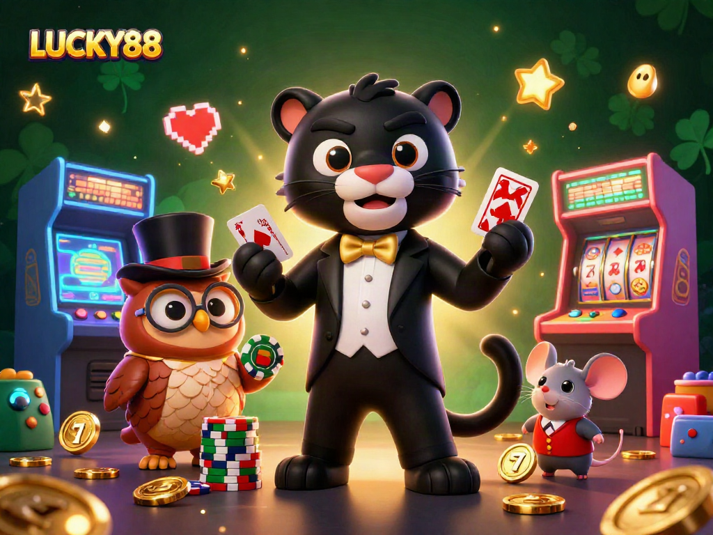 Engage in thrilling gameplay with LUCKY88 as a stylish panther deals cards in a vibrant casino scene.