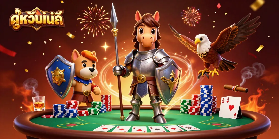 Engage in ดูหนังออนไลน์ with a vibrant scene featuring a knight, squire puppy, and falcon amidst casino elements.