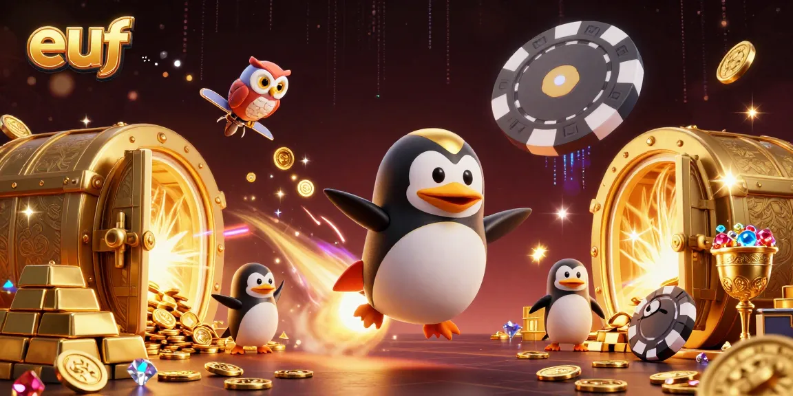 euf's dynamic casino adventure showcases a golden penguin and treasure in a vibrant space.