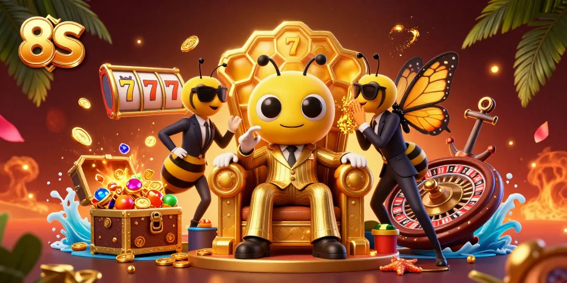 Engage in thrilling casino adventures with 8S, featuring lively bumblebee characters and vibrant gambling elements.