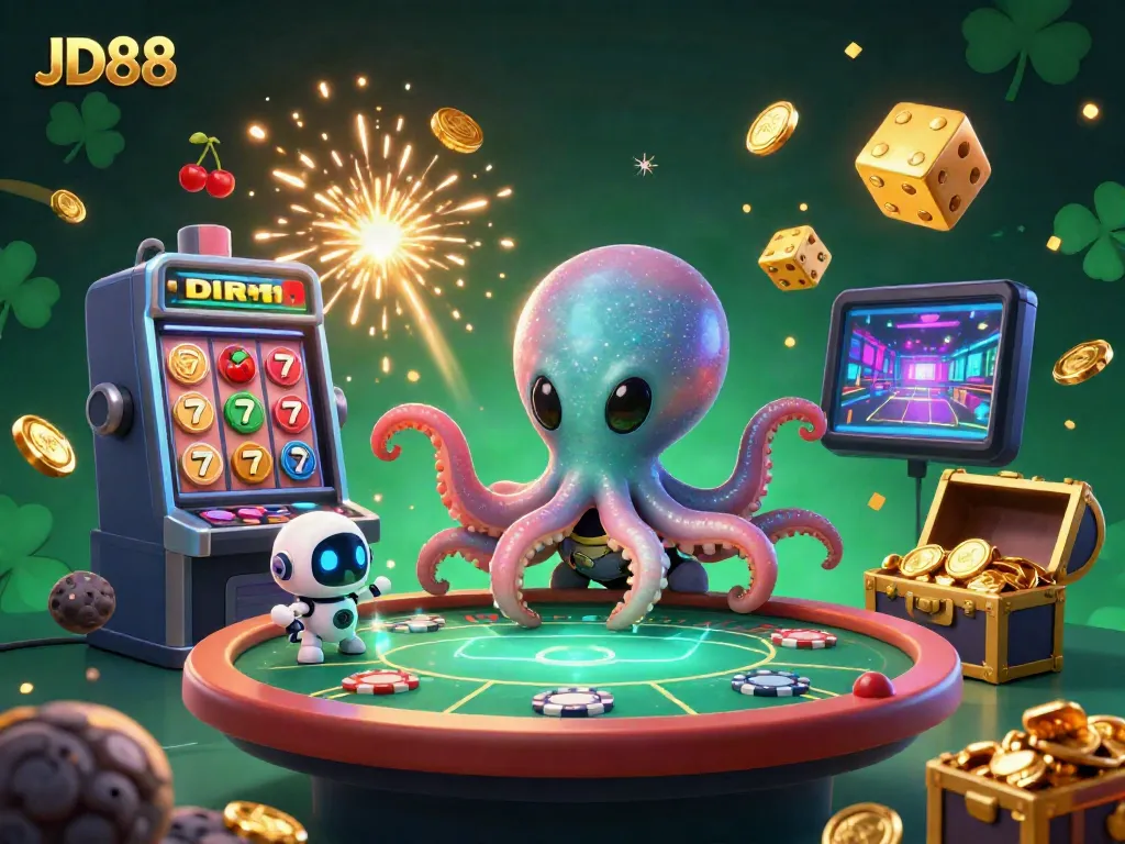 Experience JD88 with a vibrant alien octopus running holographic poker amidst dazzling casino games.